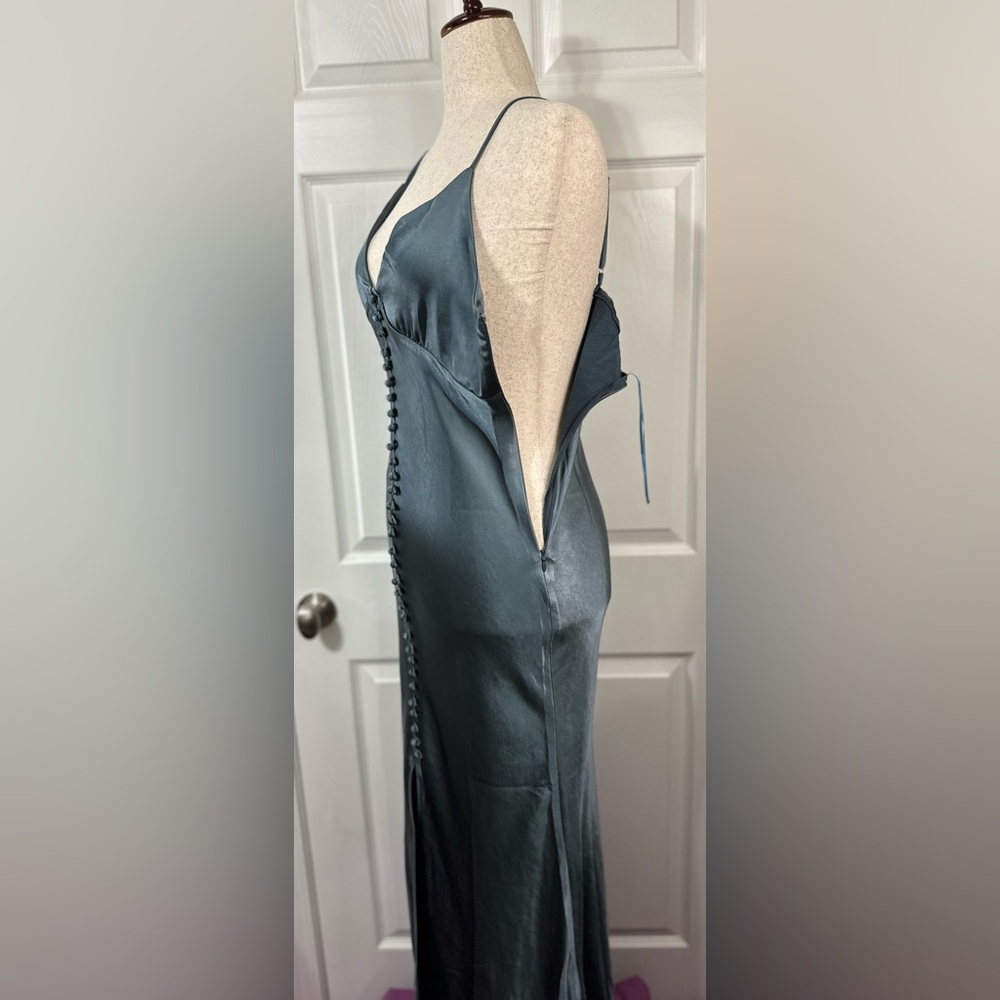 Dress Forum Gray Blue Satin Maxi Dress Silk spaghetti straps zip up faux button - Picture 9 of 16